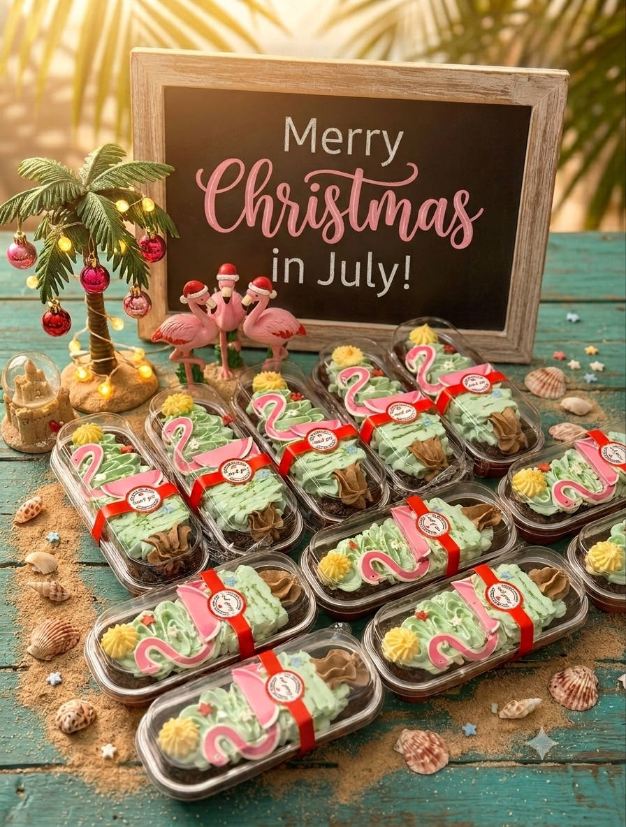 Gluten-free Christmas in July mini cakes in single-serve clamshells with red ribbons beside a Merry Christmas in July chalkboard