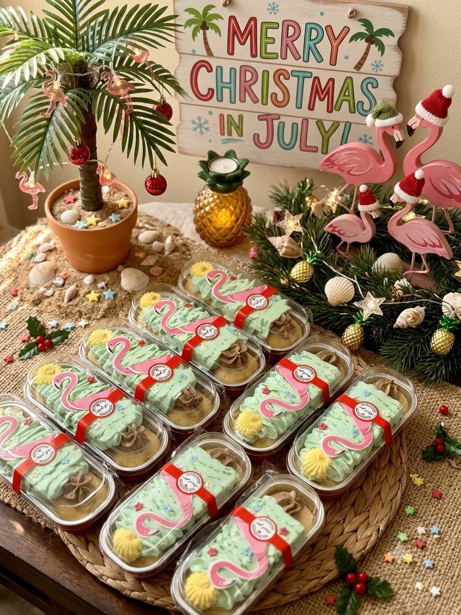 Boxed gluten-free Christmas in July mini cakes with red ribbons, displayed beside a lit palm tree and a Merry Christmas in July sign