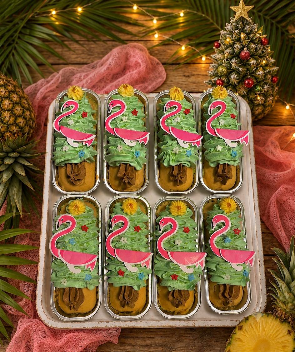 Tray of gluten-free Christmas in July mini cakes topped with green buttercream, sprinkles and a pink flamingo pick