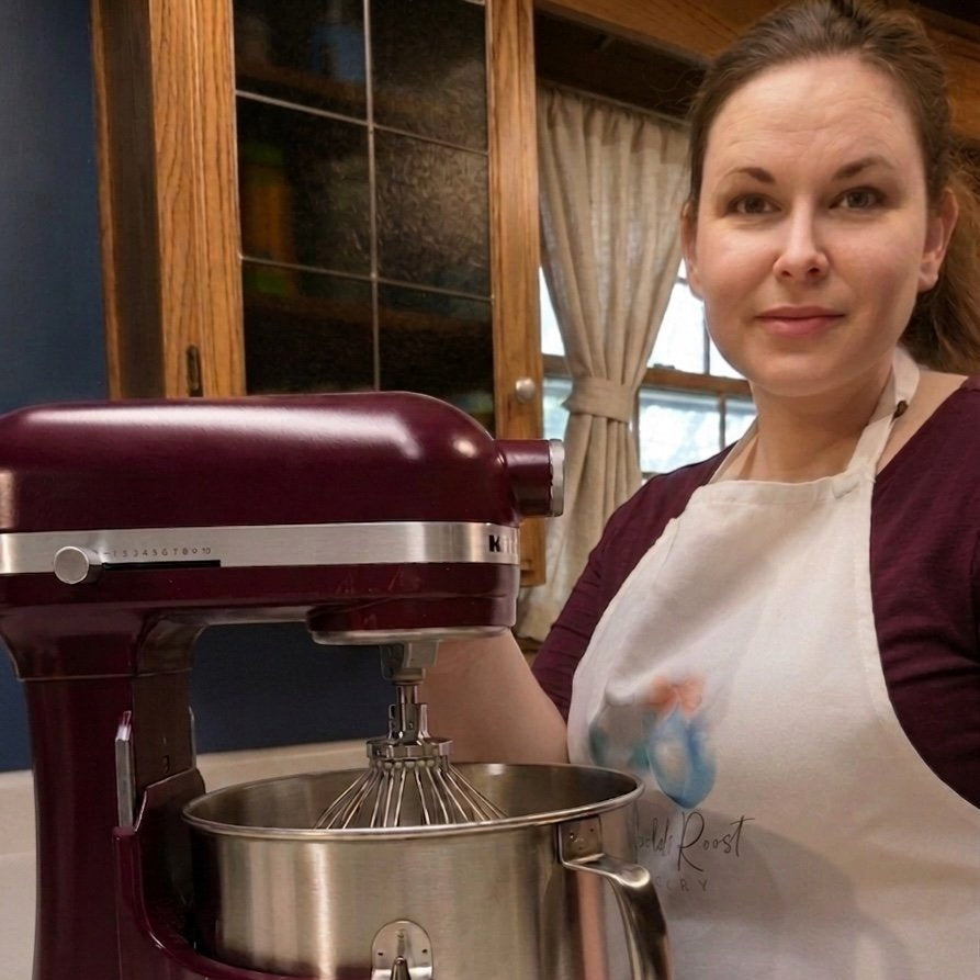 Tiffany Reynolds, owner and lead baker of Reynolds Roost Bakery, in her dedicated gluten-free home kitchen in Anderson, Indiana.